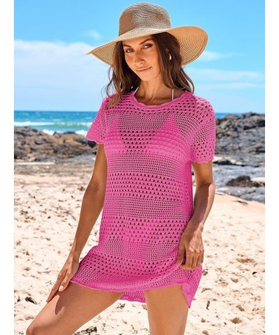 Women Swimsuit Crochet Swim Cover Up Summer Bathing Suit Swimwear Knit Short Sleeve Pullover Beach Dress Hot Pink $16.77 Swim...
