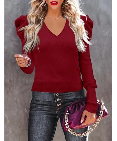 Women's Long Puff Sleeve Knit Pullover Sweaters Casual V Neck Ribbed Solid Soft Slim Fit Sweater Blouse Tops Red $22.19 Sweaters