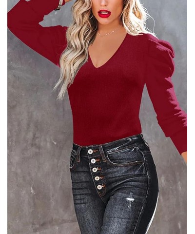 Women's Long Puff Sleeve Knit Pullover Sweaters Casual V Neck Ribbed Solid Soft Slim Fit Sweater Blouse Tops Red $22.19 Sweaters