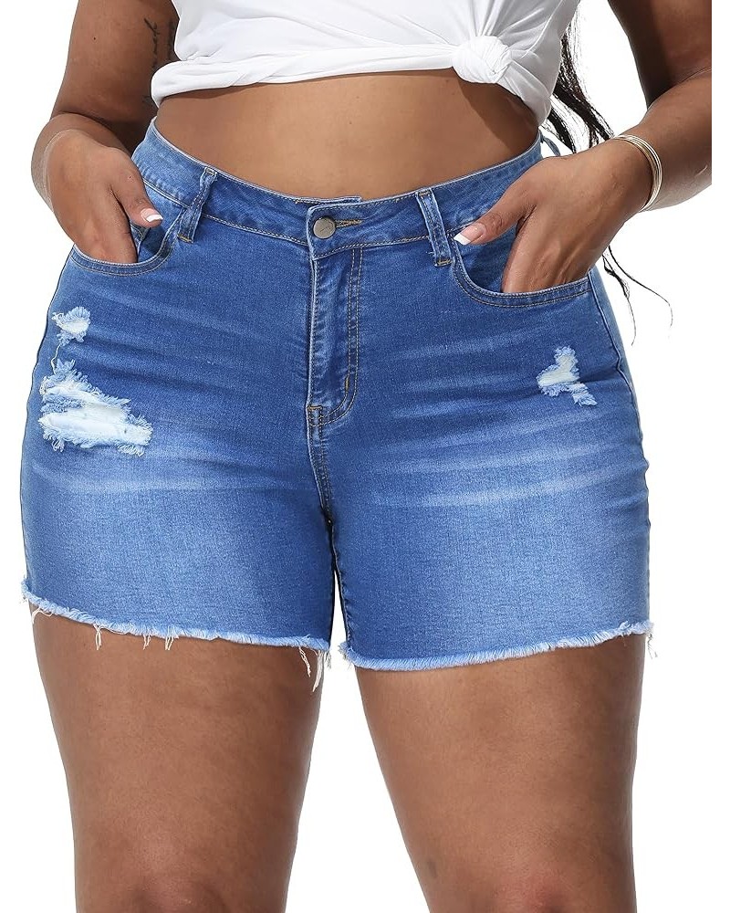 Womens Plus Size Denim Shorts High Waisted Stretchy Raw Hem Jean Shorts with Pockets B-royal Blue-035 $13.60 Shorts