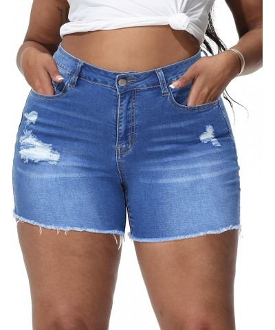 Womens Plus Size Denim Shorts High Waisted Stretchy Raw Hem Jean Shorts with Pockets B-royal Blue-035 $13.60 Shorts