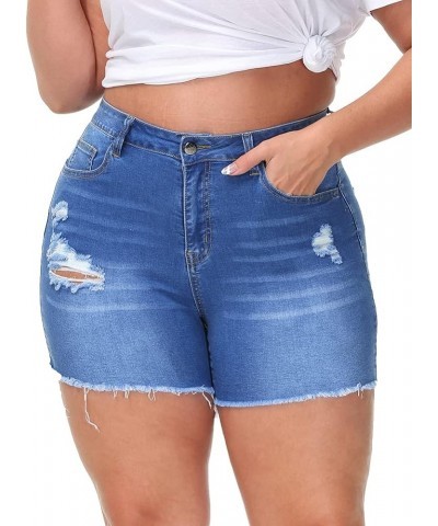 Womens Plus Size Denim Shorts High Waisted Stretchy Raw Hem Jean Shorts with Pockets B-royal Blue-035 $13.60 Shorts