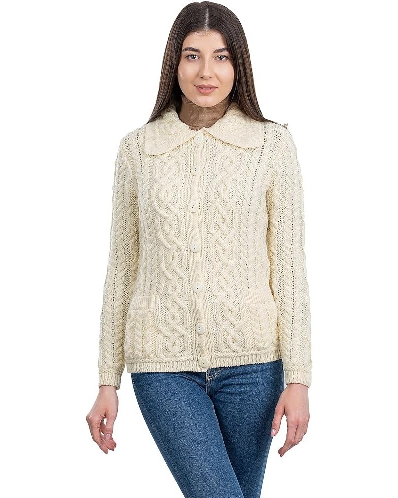 Irish Cardigan Sweater for Women 100% Merino Wool Aran Celtic Knit Ladies Coat with Pockets Natural $50.48 Sweaters