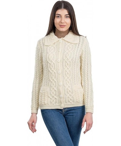 Irish Cardigan Sweater for Women 100% Merino Wool Aran Celtic Knit Ladies Coat with Pockets Natural $50.48 Sweaters