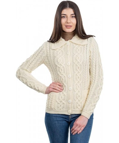 Irish Cardigan Sweater for Women 100% Merino Wool Aran Celtic Knit Ladies Coat with Pockets Natural $50.48 Sweaters