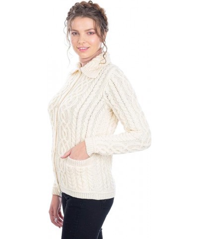 Irish Cardigan Sweater for Women 100% Merino Wool Aran Celtic Knit Ladies Coat with Pockets Natural $50.48 Sweaters