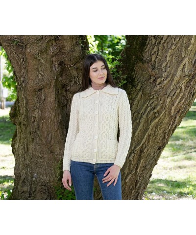 Irish Cardigan Sweater for Women 100% Merino Wool Aran Celtic Knit Ladies Coat with Pockets Natural $50.48 Sweaters