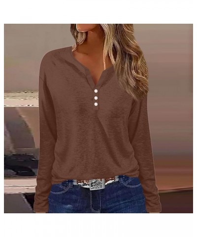 Tops for Women Casual Fall Long Sleeve Henley V Neck Shirt Color Block Button Loose Tunic Blouses Dressy 2023 Outfits A Brown...