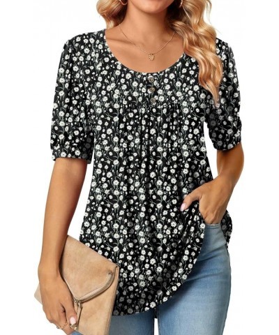 2024 Puff Short Sleeve Fashion Casual elbow sleeve tunic tops for leggings 03-white Daisy Black $12.45 Tops