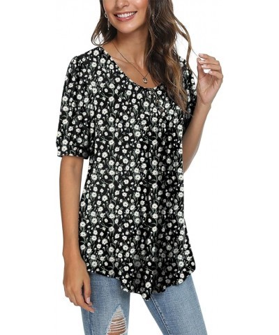 2024 Puff Short Sleeve Fashion Casual elbow sleeve tunic tops for leggings 03-white Daisy Black $12.45 Tops