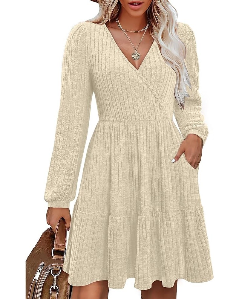 Women Knit Dress Long Puff Sleeve Fit and Flare Sweater Dresses with Pockets Wrap Fall Dress Apricot $24.37 Dresses