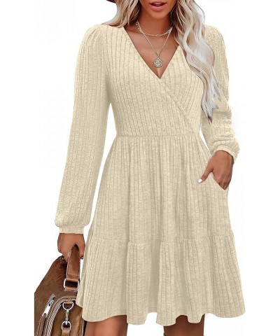 Women Knit Dress Long Puff Sleeve Fit and Flare Sweater Dresses with Pockets Wrap Fall Dress Apricot $24.37 Dresses