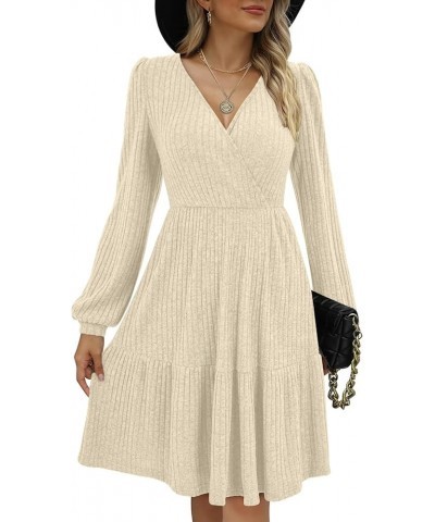 Women Knit Dress Long Puff Sleeve Fit and Flare Sweater Dresses with Pockets Wrap Fall Dress Apricot $24.37 Dresses