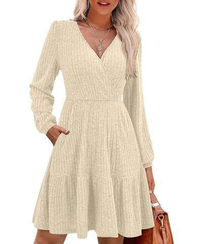 Women Knit Dress Long Puff Sleeve Fit and Flare Sweater Dresses with Pockets Wrap Fall Dress Apricot $24.37 Dresses