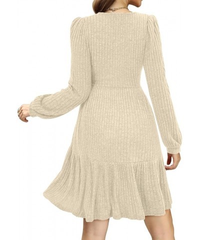 Women Knit Dress Long Puff Sleeve Fit and Flare Sweater Dresses with Pockets Wrap Fall Dress Apricot $24.37 Dresses