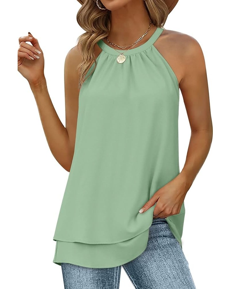 Womens Halter Tank Tops Summer High Neck Double Layers Sleeveless Tops 02-light Green $15.65 Tanks