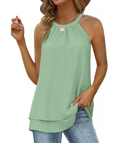 Womens Halter Tank Tops Summer High Neck Double Layers Sleeveless Tops 02-light Green $15.65 Tanks