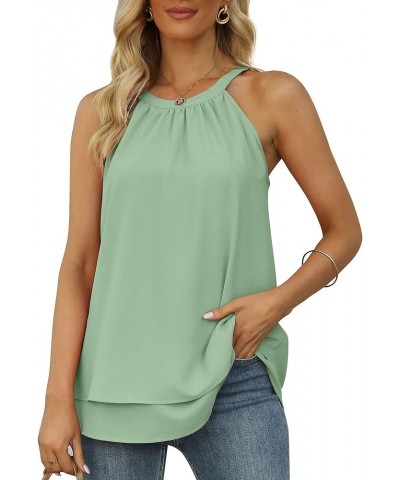 Womens Halter Tank Tops Summer High Neck Double Layers Sleeveless Tops 02-light Green $15.65 Tanks