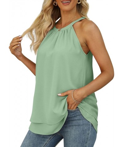 Womens Halter Tank Tops Summer High Neck Double Layers Sleeveless Tops 02-light Green $15.65 Tanks