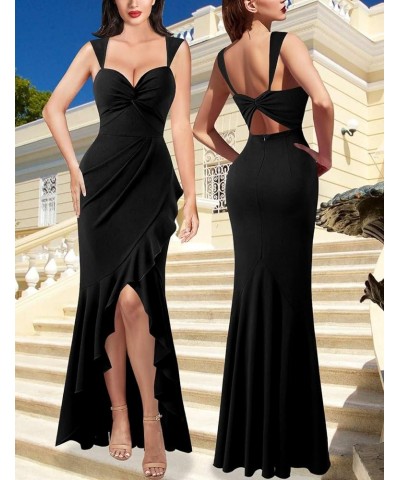 Womens Glitter Sweetheart V Neck Twist Front Backless Ruched Ruffle Slit Formal Evening Gown Maxi Dress Solid Black $36.20 Dr...