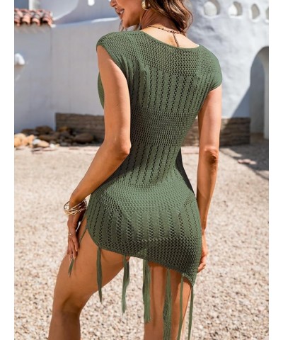 Women's Round Neck See Through Bathing Suit Cover Up Tassel Sexy Swimsuit Beach Dress Army Green $20.47 Swimsuits