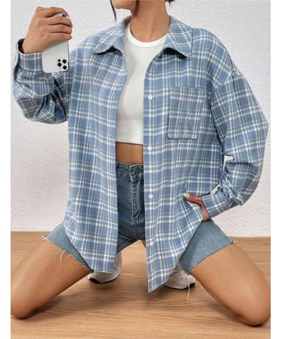 Womens Casual Oversized Flannel Plaid Button Down Long Sleeve Shirts 2023 Fashion Blouse Tops with Pocket Sky Blue $13.24 Blo...