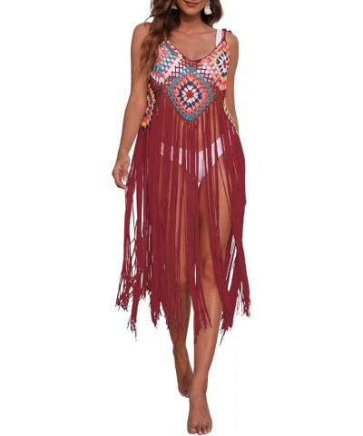 Sexy Swimsuit Coverup Fringe Beach Crochet Cover Up for Swimwear Women Red $12.97 Swimsuits