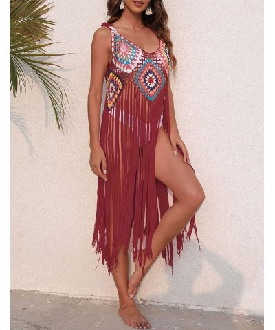 Sexy Swimsuit Coverup Fringe Beach Crochet Cover Up for Swimwear Women Red $12.97 Swimsuits