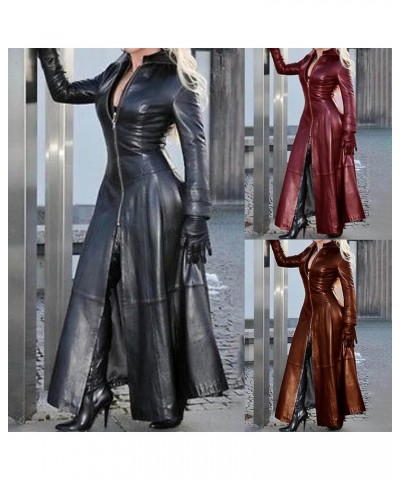 Long Leather Jacket for Womens Winter Slim Sexy Outerwear Lapel Zipper Overcoat Solid Vintage Trench Coat Black $16.65 Coats