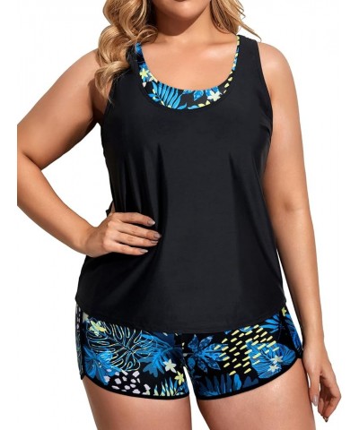 Women Plus Size 3 Piece Tankini Swimsuits Tummy Control Bathing Suits with Boy Shorts Tank Top with Sports Bra Black Blue Flo...