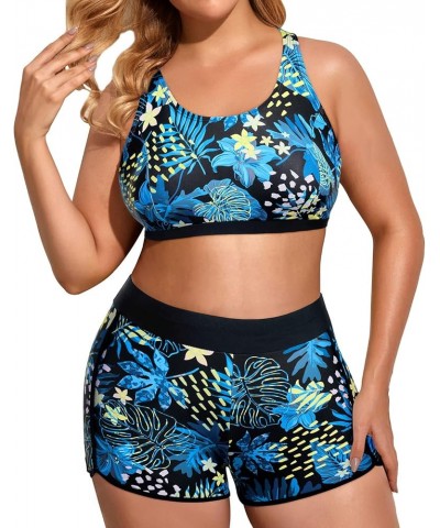 Women Plus Size 3 Piece Tankini Swimsuits Tummy Control Bathing Suits with Boy Shorts Tank Top with Sports Bra Black Blue Flo...