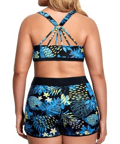 Women Plus Size 3 Piece Tankini Swimsuits Tummy Control Bathing Suits with Boy Shorts Tank Top with Sports Bra Black Blue Flo...