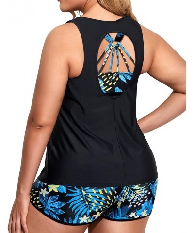 Women Plus Size 3 Piece Tankini Swimsuits Tummy Control Bathing Suits with Boy Shorts Tank Top with Sports Bra Black Blue Flo...