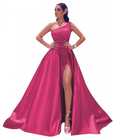 One Shoulder Sequin Prom Dresses for Women 2024 Sparkly Long Formal Evening Dresses with Detachable Train Hot Pink $49.47 Dre...