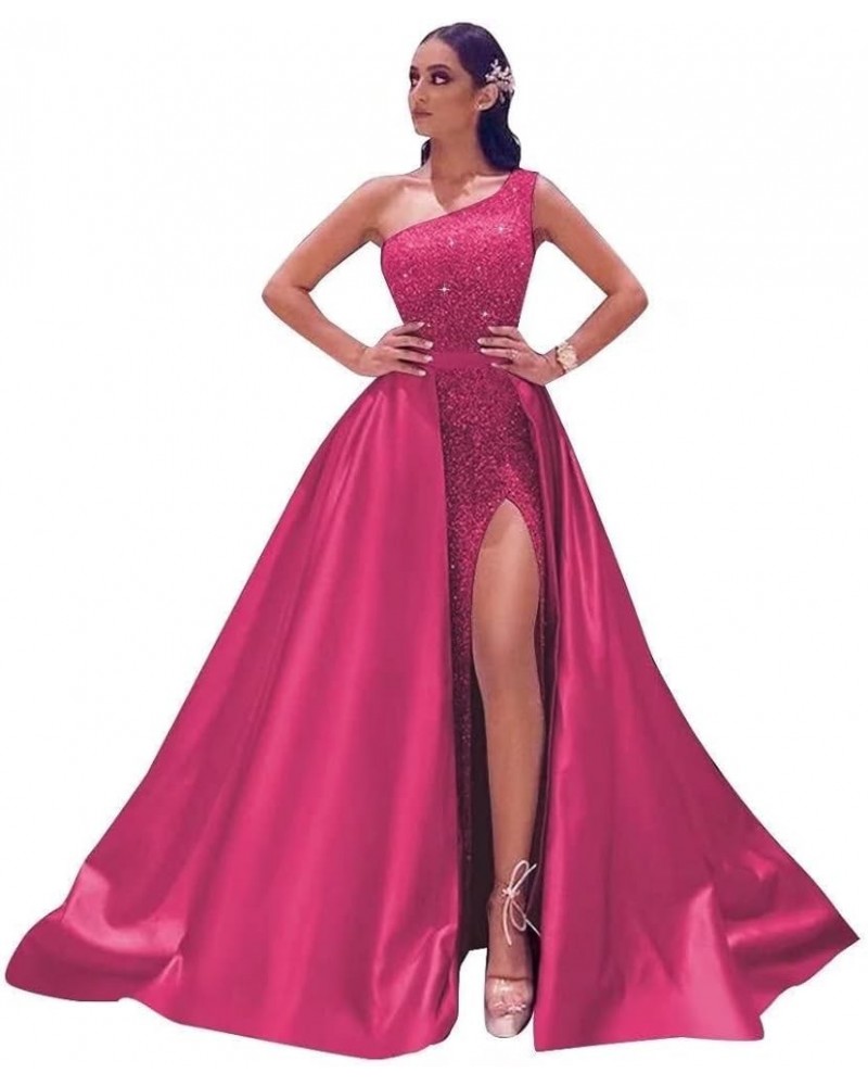 One Shoulder Sequin Prom Dresses for Women 2024 Sparkly Long Formal Evening Dresses with Detachable Train Hot Pink $49.47 Dre...