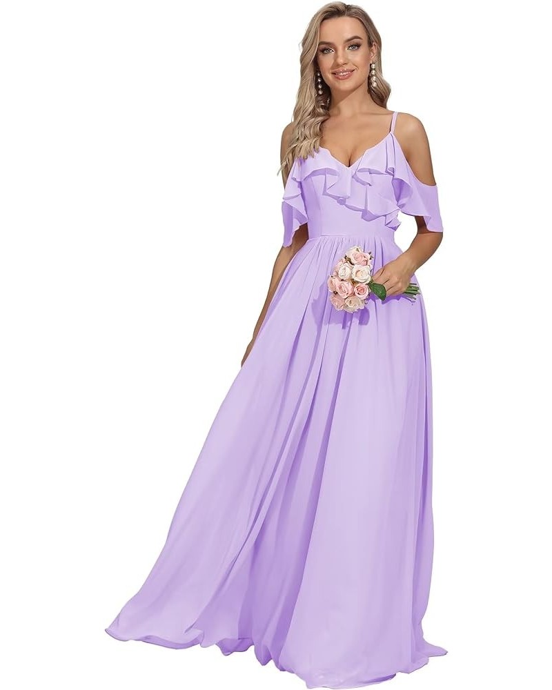 Spaghetti Straps Bridesmaid Dresses for Women Long V Neck Ruffles Sleeves Formal Evening Dresses with Pockets Lilac $29.47 Dr...