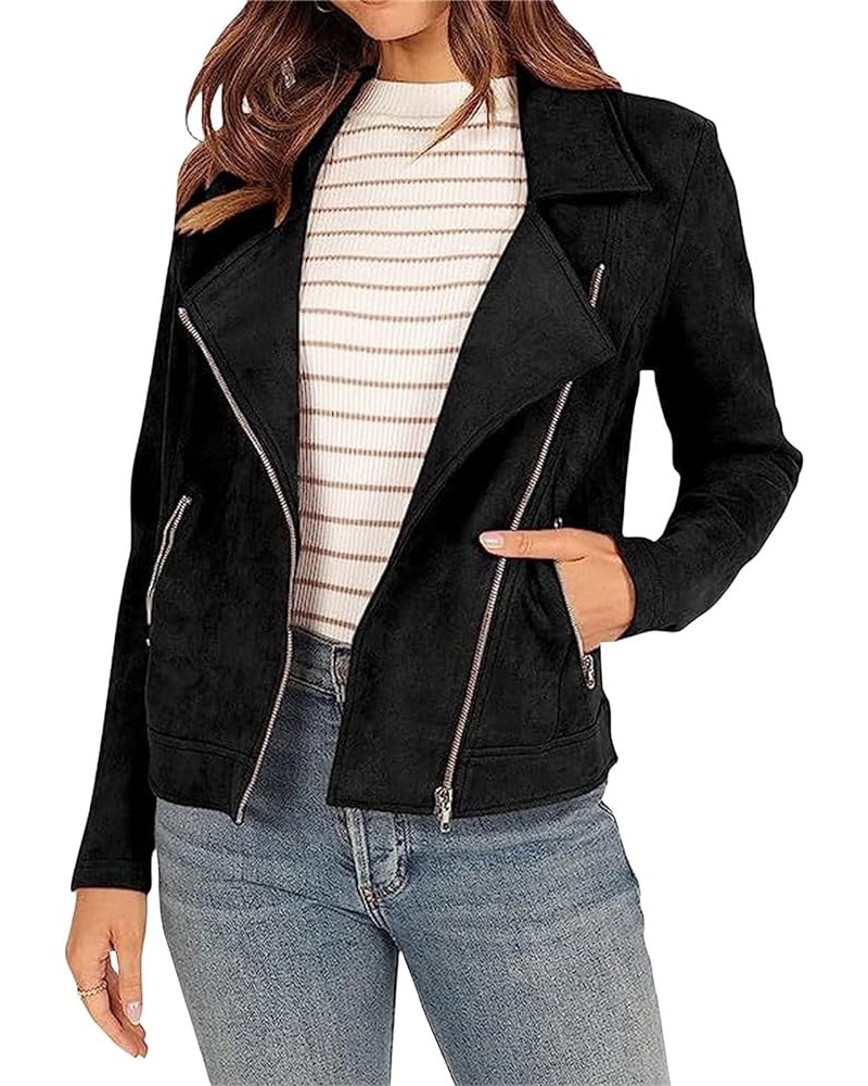 Womens Faux Suede Jacket Cropped Coat Long Sleeve Lapel Biker Moto Jacket Open Front Cardigan Fall Outwear with Pocket Zz-bla...