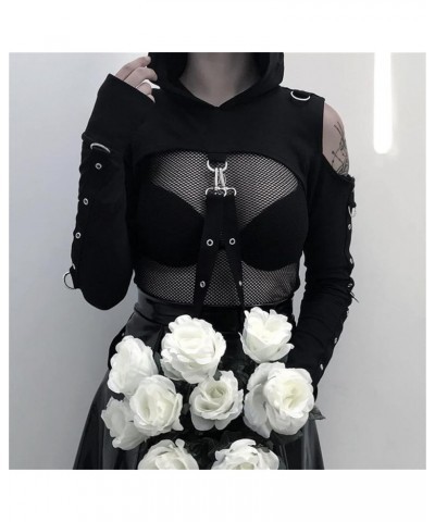 Women Gothic Hooded Top Long Sleeve Black Chain Print Crop Tops E-Girl Harajuku Black Hollow $15.67 Hoodies & Sweatshirts