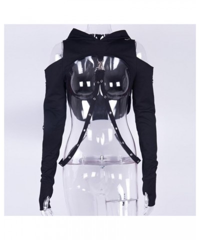 Women Gothic Hooded Top Long Sleeve Black Chain Print Crop Tops E-Girl Harajuku Black Hollow $15.67 Hoodies & Sweatshirts