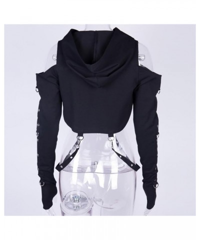 Women Gothic Hooded Top Long Sleeve Black Chain Print Crop Tops E-Girl Harajuku Black Hollow $15.67 Hoodies & Sweatshirts