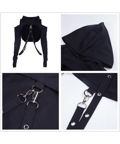 Women Gothic Hooded Top Long Sleeve Black Chain Print Crop Tops E-Girl Harajuku Black Hollow $15.67 Hoodies & Sweatshirts