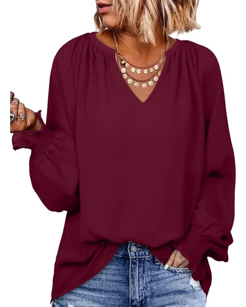 Womens Blouses Fashion 2024 Smocked Long Sleeve V Neck Casual Chiffon Shirts Tops Red $17.19 Blouses