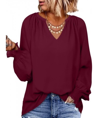 Womens Blouses Fashion 2024 Smocked Long Sleeve V Neck Casual Chiffon Shirts Tops Red $17.19 Blouses