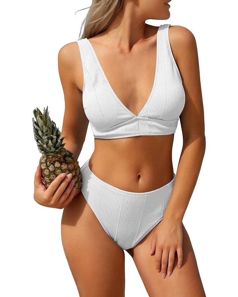 Womens Bikini Set V Neck High Waisted Crinkle Longline Plunge Bikini Two Piece Bathing Suits White $12.50 Swimsuits