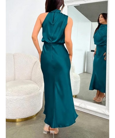 Silky Satin Dress - Mock Neck Wedding Cocktail Dress for Women Teal $19.60 Dresses