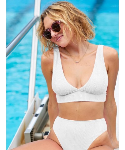 Womens Bikini Set V Neck High Waisted Crinkle Longline Plunge Bikini Two Piece Bathing Suits White $12.50 Swimsuits