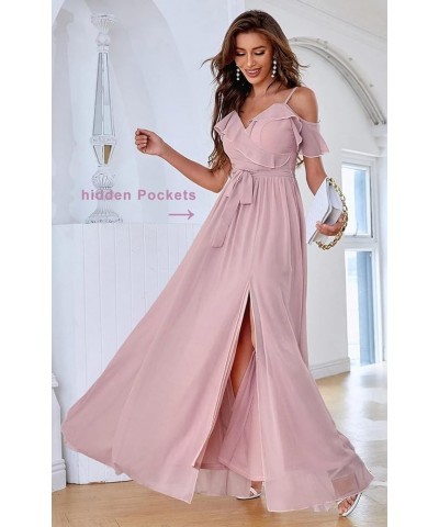 Women's Cold Shoulder Ruffled Bridesmaid Dress Long Split Chiffon Formal Party Dresses with Pockets SYYS342 Champagne $34.07 ...