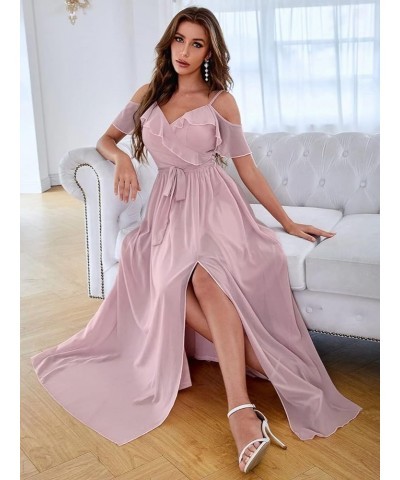 Women's Cold Shoulder Ruffled Bridesmaid Dress Long Split Chiffon Formal Party Dresses with Pockets SYYS342 Champagne $34.07 ...