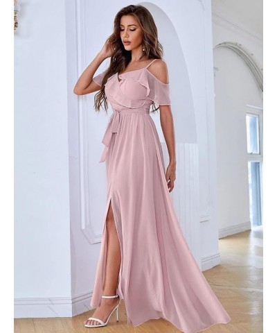 Women's Cold Shoulder Ruffled Bridesmaid Dress Long Split Chiffon Formal Party Dresses with Pockets SYYS342 Champagne $34.07 ...