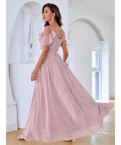 Women's Cold Shoulder Ruffled Bridesmaid Dress Long Split Chiffon Formal Party Dresses with Pockets SYYS342 Champagne $34.07 ...